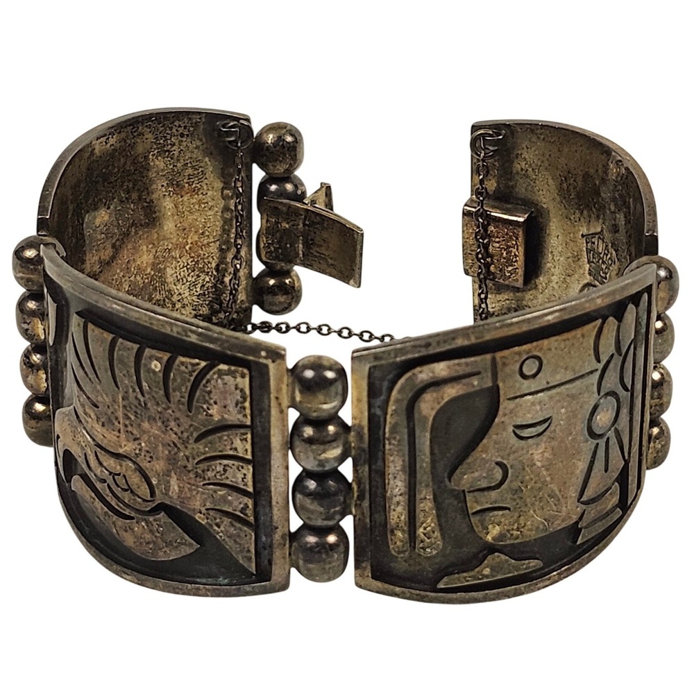 Vintage Pedro Romero Taxco 925 Sterling Silver Mayan Mask Panel Bracelet 66g